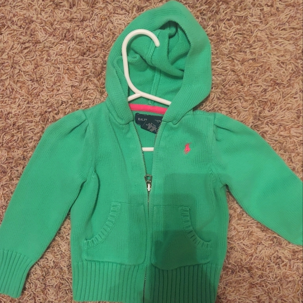 Ralph Lauren Polo Green sweater with pockets and pink detail, 2T